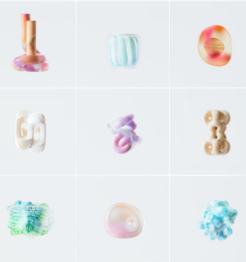 Collection of abstract 3D rendered organic shapes in soft pastel colors.